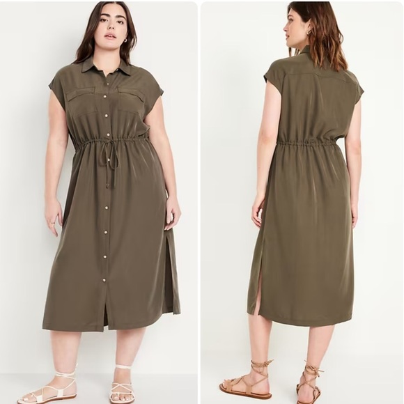 NEW Old Navy Waist Defined Collared Sleeveless Utility Midi Dress Army Green 2X - Picture 1 of 15